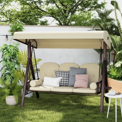 Outsunny 3-Sitzer Hollywoodschaukel Gartenschaukel mit Sonnendach Kissen Metall Polyester Khaki 116 x 206 x 183 cm