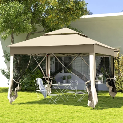 Outsunny Cenador de Jardín 3x3x2,7 m con Doble Techo Paredes Laterales Desmontables y Marco Metálico Crema
