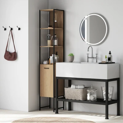 HOMCOM Tall Bathroom Cabinet Natural Wood with Open Shelves