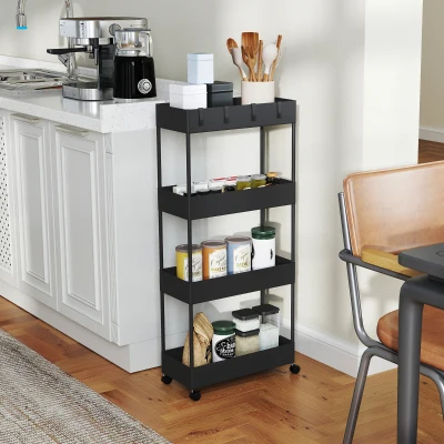 HOMCOM Carro de Cocina de 4 Niveles Carrito Auxiliar con Ruedas 4 Cestas y 4 Ganchos Extraíbles para Salón 40x19x90 cm Negro