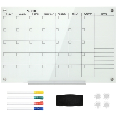Vinsetto kalenderbord glasplaat met 4 glasclip markers gum aluminium pennenhouder magneetbord voor maandplanning magnetische weekplanner planbord wit 90 x 60 x 0,2 cm