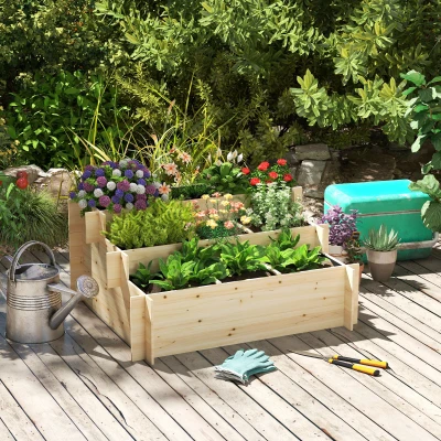 Outsunny Caixa de Plantio de Madeira de 3 Níveis Horta Vertical em Escada com Malha Geotextil para Cultivos de Plantas Flores para Jardim Terraço Exterior 117x100x54cm Natural