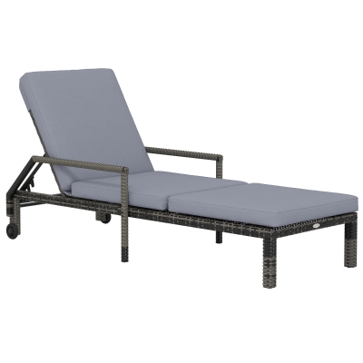 Outsunny Outdoor PE Rattan Sun Lounger, 5-Level Adjustable Backrest Wicker Outdoor Chaise Recliner, Garden Chair with 2 Wheels, Mixed Grey