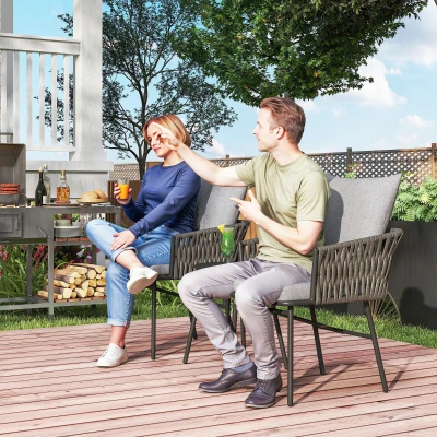 Outsunny 3-teiliges Außenmöbel-Set, 2 Stühle, 1 Tisch, Bistro-Set, Kunst-Rattan, Stahlrahmen, Metalltisch, 4 Kissen, Grau