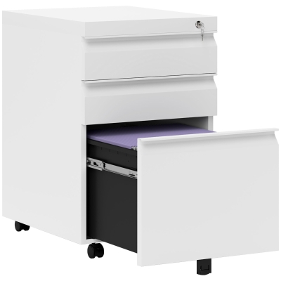 HOMCOM Rolcontainer met 3 lades – Mobiele archiefkast met wielen, afsluitbaar Bureau- en thuiskantoor kast met concave grepen, 39 x 48 x 60 cm,Wit