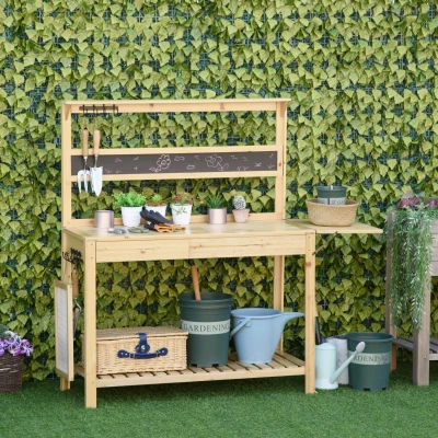Outsunny Pflanztisch Gärtnertisch mit 8 Haken Schublade Ablage Blumentisch aus Holz für Garten Terrasse Natur 151 x 45,5 x 143 cm