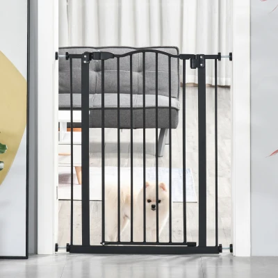 PawHut Barrera de Seguridad para Perros 74-80 cm con 2 Extensiones Montaje a Presión Doble Bloqueo para Puerta Escalera Negro