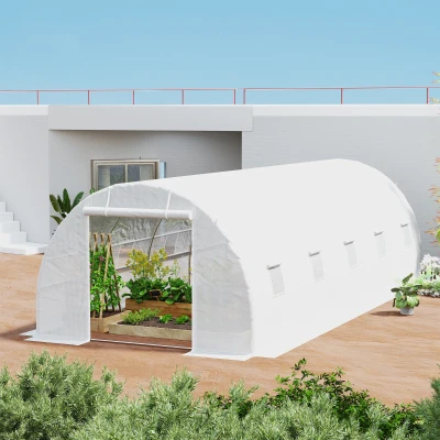 Outsunny Estufa Tipo Túnel 800x300x200cm com 12 Janelas e Porta Enrolável Cobertura de PE 140g/m² e Aço para Cultivo de Plantas Verduras Branco