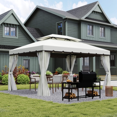 Outsunny Pérgola de Jardim 390x290 cm com Teto de Ventilação 4 Cortinas Laterais Tela Mosquiteira e 8 Orifícios de Drenagem Branco