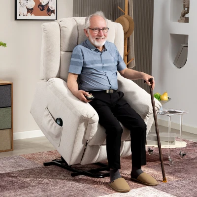 HOMCOM Powerlift-Sessel, Massagesessel mit Wärmefunktion, Polstersessel mit Fußstütze, Seitentasche, Stoffbezug, Beige