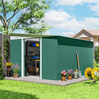 Outsunny Cobertizo de Jardín Exterior 8,9 m² 280x345x201 cm con Puerta y 2 Ventanas para Almacenamiento de Herramientas Verde