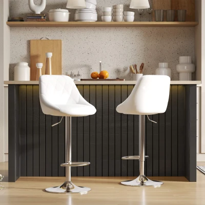 HOMCOM Conjunto de 2 Bancos de Bar Giratórios com Altura Ajustável Bancos Altos Moderno de Cozinha com Base Redonda e Apoio para os Pés 51,5x48x83-104cm Branco