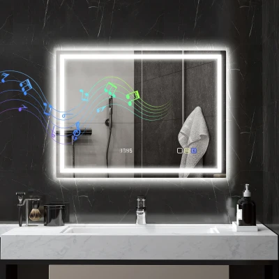 HOMCOM Badezimmerspiegel mit LED-Beleuchtung, Anti-Beschlags-Pad, 3 verstellbare Farben, Uhr, 600 x 800 mm, Silberfarben