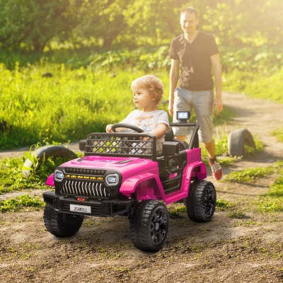 AIYAPLAY Coche Eléctrico para Niños con Batería 12V Mando a Distancia Velocidad Ajustable USB Faros Bocina Rosa Fucsia