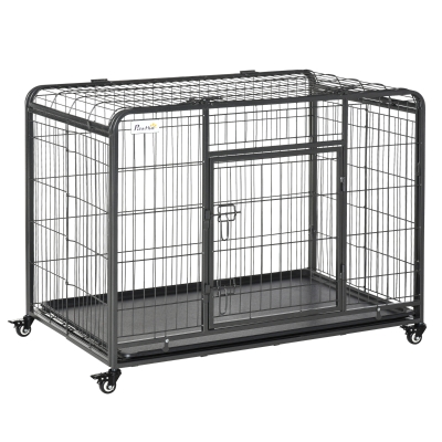 PawHut Jaula para Perros Plegable de Metal Jaula para Perros Grandes 109,5x71x78 cm con Ruedas y Frenos Bandeja Extraíble y Puerta con Pestillos para Golden Retriver Labrador Gris Oscuro