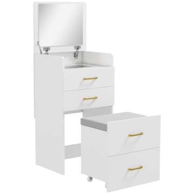 HOMCOM Tocador de Maquillaje con Taburete 3 en 1 con Espejo Cajones y Tablero de Vidrio Visible 48x40x90 cm Blanco