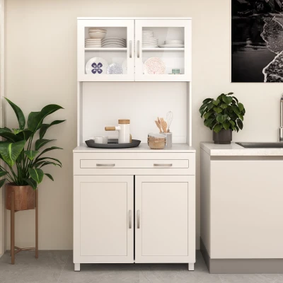 HOMCOM Credenza Cucina 2 Armadietti con Ante in Vetro Bianco