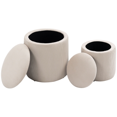 HOMCOM Ottoman Krukken, Tweedelige Set, met Opbergruimte, Zachte Vulling, Corduroy Look, Crèmewit, 40 x 40 x 41cm