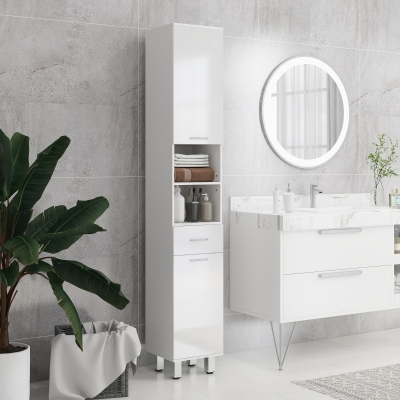 kleankin Mobilier pentru Baie cu 1 Sertar 3 Rafturi Ajustabile și 2 Dulapuri, 30x30x180 cm, Alb Lucios