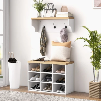 HOMCOM Recibidor con Perchero y Banco Zapatero Muebles de Entrada con 3 Ganchos y Estantes para 9 Pares de Zapatos Blanco
