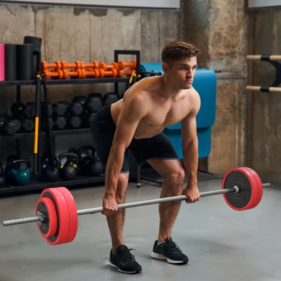 SPORTNOW Set de Musculación con 1 Barra y 6 Discos Barra de Pesas 30 kg con Mancuernas para Entrenamiento 170x26x26 cm Rojo