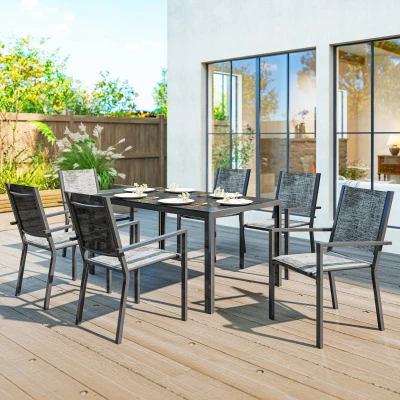 Outsunny Table Extérieure 150cm + 6 Chaises Empilables Acier Noir