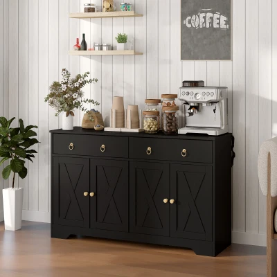 HOMCOM Buffet Armoire Cuisine Style Rural Noir 2 Tiroirs