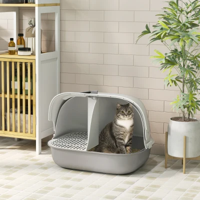 PawHut Lettiera per Gatti Chiusa con Gattaiola Grigio e Bianco
