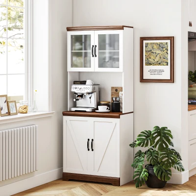 HOMCOM Alacena de Cocina Mueble Auxiliar con 2 Puertas de Vidrio y Baldas Ajustables 72x40x178 cm Blanco