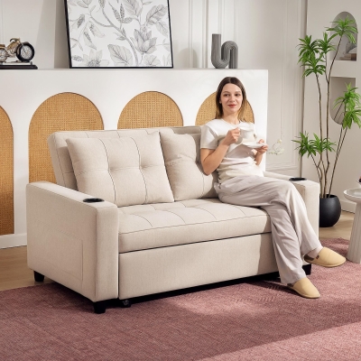 HOMCOM Pull-Out 2-Seater Sofa Bed - Beige