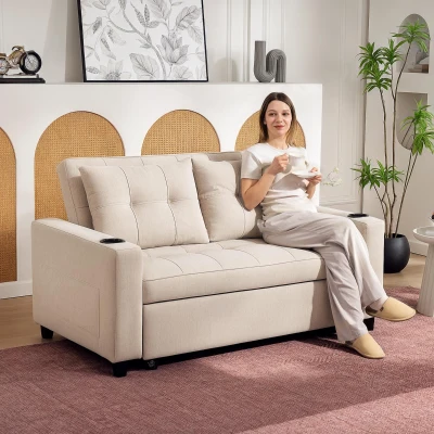 HOMCOM Pull-Out 2-Seater Sofa Bed - Beige