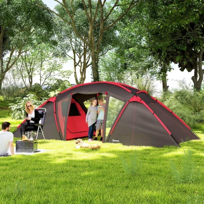 Outsunny Tunneltent voor 4-6 personen, met 3 kamers, lichthaak en dubbele deuren, Grijs