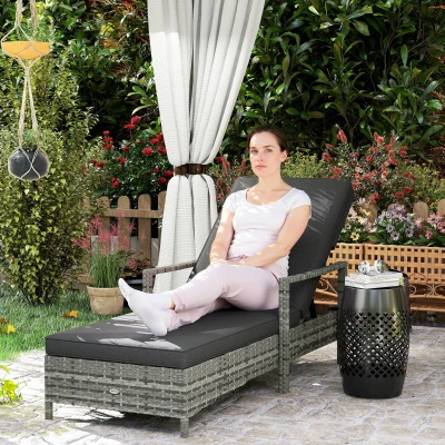Outsunny Rattan Sun Lounger Outdoor Reclining Chair Mixed Grey