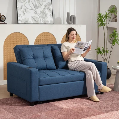 HOMCOM 2-Seater Pull-Out Sofa Bed Dark Blue