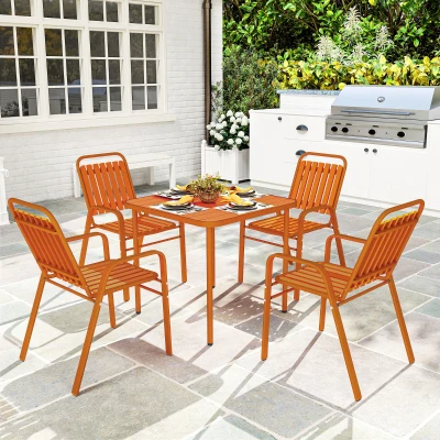 Outsunny Table 80cm et 4 Chaises Empilables Acier Orange