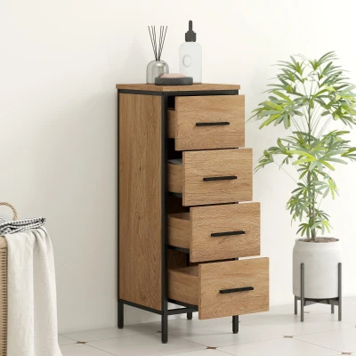 HOMCOM Armário de Casa de Banho Móvel para Casa de Banho Estreito com 4 Gavetas e Estrutura em Aço 30x30x82 cm Madeira e Preto