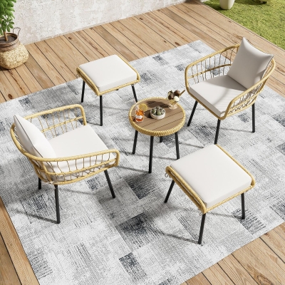5-teiliges Garten-Lounge-Set, mit 1 Esstisch, 2 Stühlen, 2 Hockern, Weiß+Naturfarbe