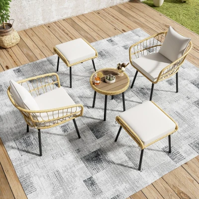 Set da giardino lounge a 5 pezzi, Bianco e Legno naturale