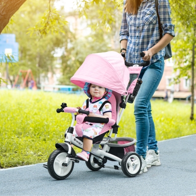 HOMCOM Triciclo para Bebés de +12 Meses con Mango de Empuje Telescópico y Desmontable Bolso para Mamá y Portabotellas Rosa