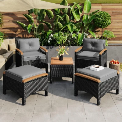 Set da balcone in rattan da esterno a 5 pezzi con 2 sedie, Nero e Grigio