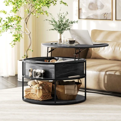 HOMCOM Lift Top Round Coffee Table with Storage Charcoal Grey