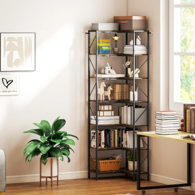HOMCOM Libreria Angolare a 7 Livelli in Legno e Acciaio Marrone