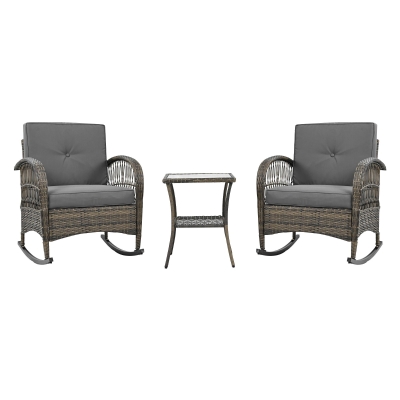 Set da balcone in rattan a 3 pezzi con 2 sedie a dondolo, Nero＋Grigio
