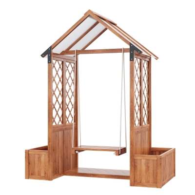 Macetero con enrejado y columpio para jardín, patio, terraza, para plantas trepadoras, 142x70x163 cm, Marrón