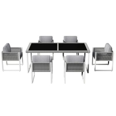 Juego de mesa y sillas de ratán, con 1 mesa y 6 sillas, tablero de mesa de vidrio templado, Gris+Blanco