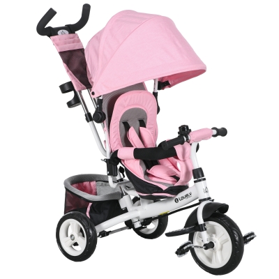 HOMCOM Triciclo para Bebés de +12 Meses con Mango de Empuje Telescópico y Desmontable Bolso para Mamá y Portabotellas Rosa