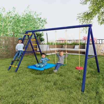 Set altalena multifunzionale per esterni con 3 altalene, Blu Antico