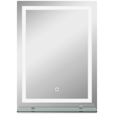 kleankin Espelho para Casa de Banho 50x70 cm com Moldura de Alumínio, Luzes LED Interruptor Tátil e Prateleira de Vidro para Casa de Banho Prata