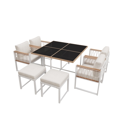 Set da pranzo da esterno a 7 pezzi con tavolo in vetro temperato, Nero e Bianco