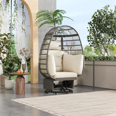 Fauteuil suspendu en rotin pivotant à 360°, Naturel+Blanc